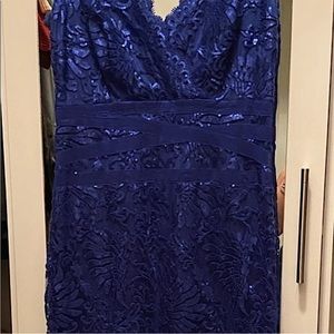 Tadashi Shoji lace evening gown cobalt blue sleeveless sequins size 14